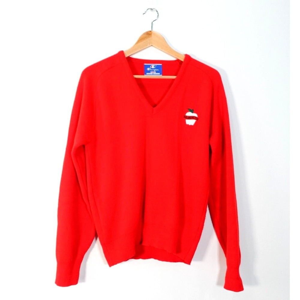 VINTAGE Champion Sweater Small Red Knit V Neck Adult Apple‎ Washington 80s USA